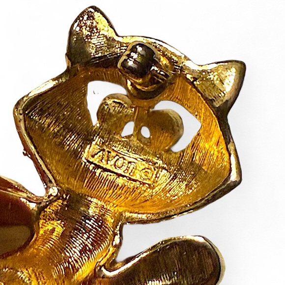 Vintage Avon Cat Bell Brooch Pin Gold Tone Rhinestone Eyes Signed Frisky Kitty - Picture 2 of 8